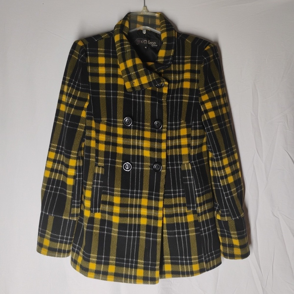Ci Sono Womens Medium Vintage Y2K Plaid Fleece Pea Coat Jacket Clueless Flaw